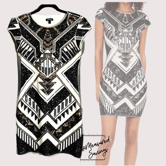 Express - Small - Cream, Black and Gold Metallic Sequin Dress - Picture 2 of 11